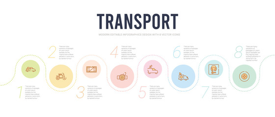 Fototapeta na wymiar transport concept infographic design template. included wheel vehicle part, car and key, media company truck with satellite, journalist van, zero emission badge, crate icons