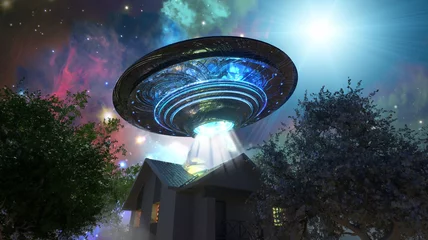 Poster Im Rahmen UFO fliegende Untertasse über dem Haus, 3D-Rendering © de Art