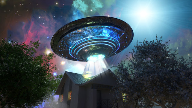 ufo flying saucer over the house, 3D render