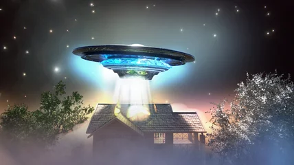 Foto auf Acrylglas Antireflex UFO fliegende Untertasse über dem Haus, 3D-Rendering © de Art