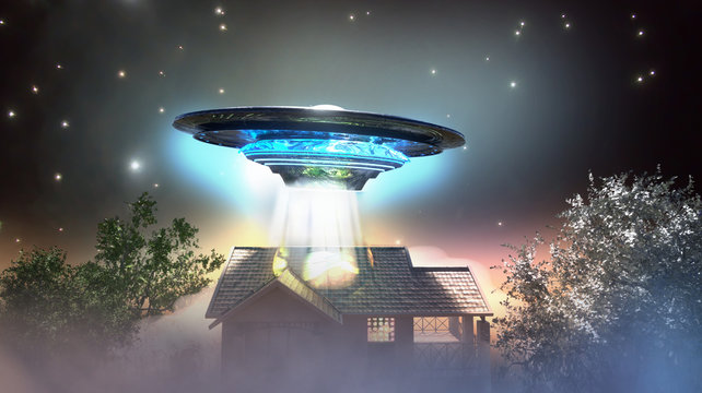 Ufo Flying Saucer Over The House, 3D Render