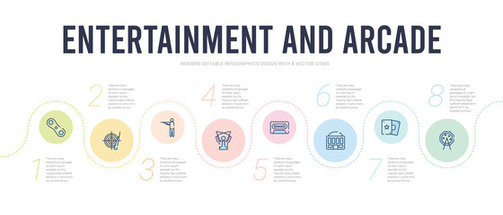 Fototapeta na wymiar entertainment and arcade concept infographic design template. included lottery game, magic cards, mall, music tape, puppet show, shooter icons