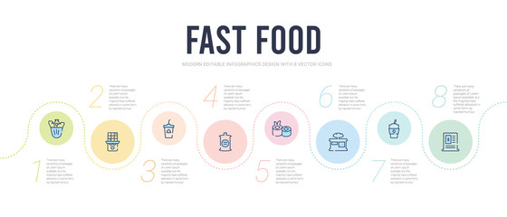 Fototapeta na wymiar fast food concept infographic design template. included receipt, cups, bakery, sushi, can, beverage icons