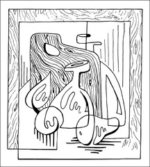 still life Bottles and fruit, contour black and white. Abstract hand drawn .Graphics illustration