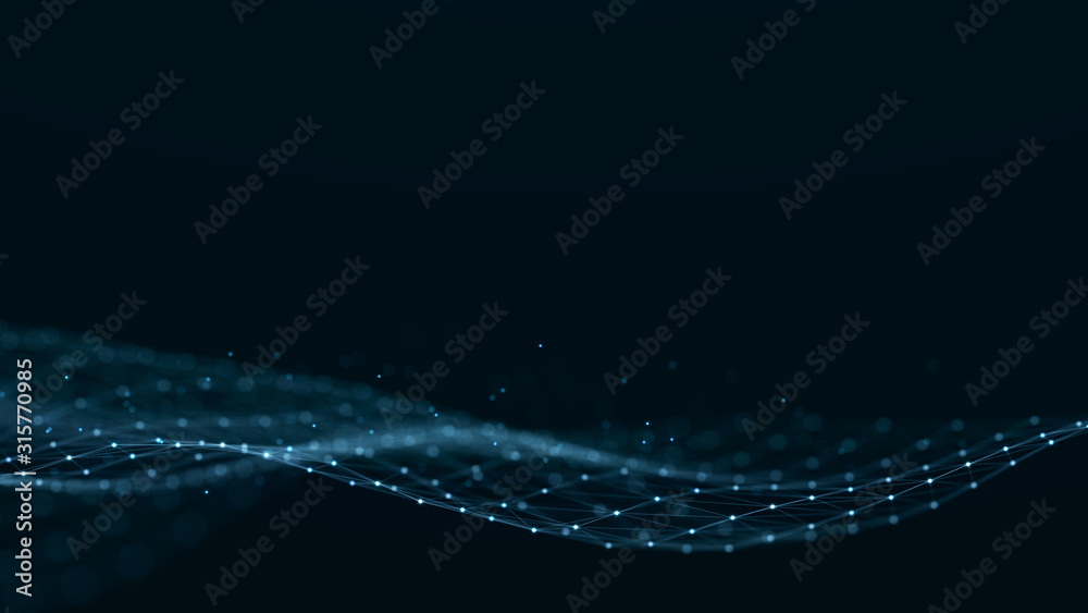 Poster Abstract futuristic wave background. Network connection dots and lines. Digital structure. 3d rendering.