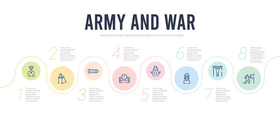 army and war concept infographic design template. included patriot, pull up, secret agent, submarine front view, time bomb with clock, torpedo icons