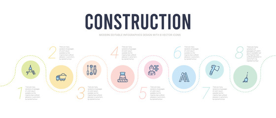 construction concept infographic design template. included sweeping broom, inclined ax, double ladder, constructions, road stopper, three tools icons