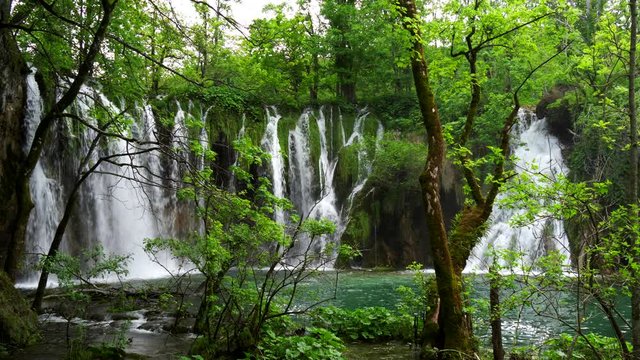 wide view of galovacki buk waterfall at plitvice lakes national park in croatia