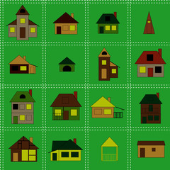 Seamless pattern with small houses on grass-green background. Decorated with white stitching.