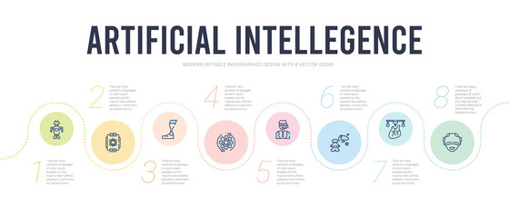 artificial intellegence concept infographic design template. included oculus rift, organ printing, outer space, personal assistant, processing, prosthesis icons