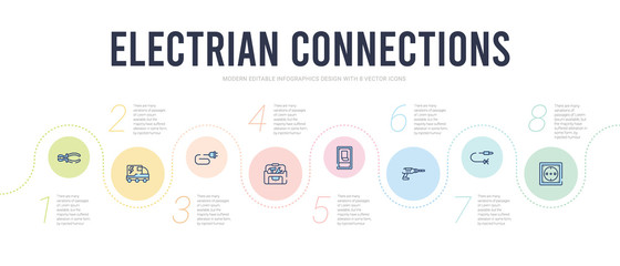 electrian connections concept infographic design template. included socket, wires, driller, switch, toolbox, wire icons