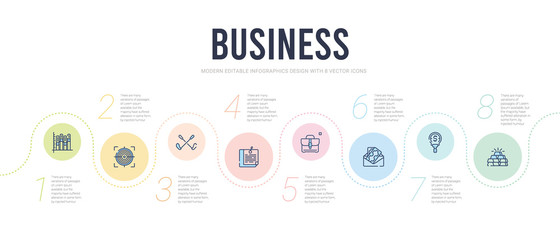 business concept infographic design template. included stack of gold, money finder, envelope with money inside, business briefcase, post it, golf sticks icons