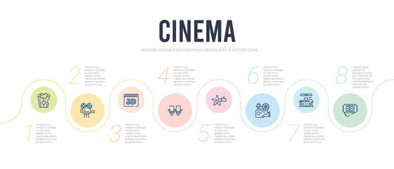 cinema concept infographic design template. included theater ticket, cinema snack bar, film viewer, thumb up with star, cinema chair, 3d text icons