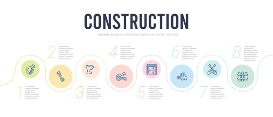 construction concept infographic design template. included garden fence, two shovels, trolley truck, big door, home key, electric drill icons