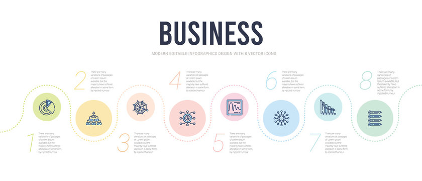 business concept infographic design template. included numbe information, loss chart, centralized connections, smooth line chart, pie chart and connections, spider icons