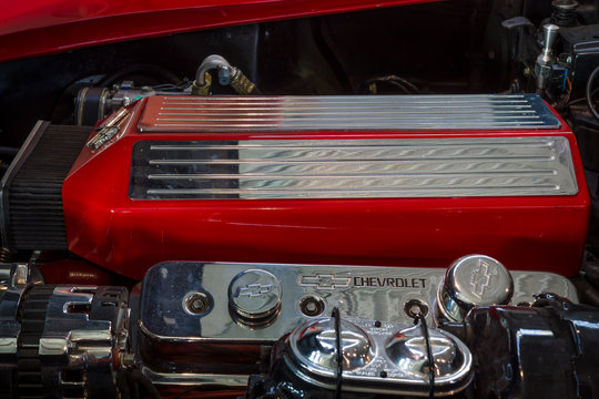 STUTTGART, GERMANY - MARCH 18, 2016: Engine of sports car Chevrolet Corvette (C3) Stingray, close-up. Europe's greatest classic car exhibition "RETRO CLASSICS"