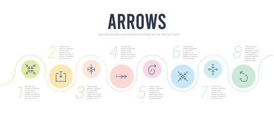 Fototapeta na wymiar arrows concept infographic design template. included left direction, vertical resize, diagonal arrows, spiral arrow, right direction, horizontal merge icons