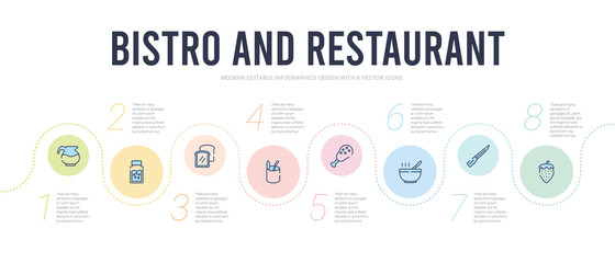 bistro and restaurant concept infographic design template. included strawberry drawing, thin knife, hot soup, chicken thigh, open tin with spoon, toasted bread icons