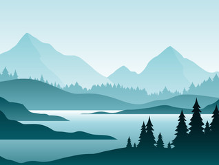 Forest foggy landscape flat vector illustration. Nature scenery with fir trees and hill peaks silhouettes on horizon. Mountain valley and river in early morning scene cartoon background. © Natalia