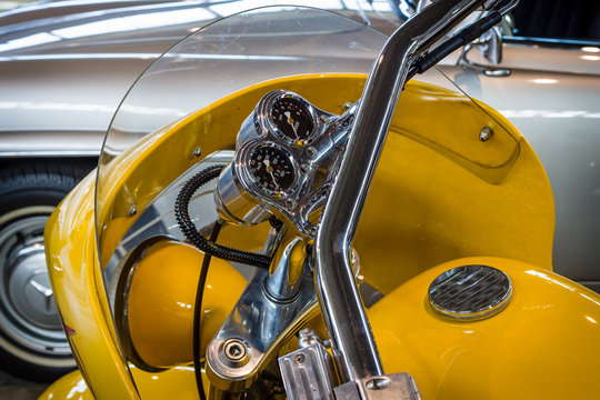 STUTTGART, GERMANY - MARCH 18, 2016: Dashboard of motorbike Harley-Davidson PRO STREET Low luxury Liner (Kenny Boyce), 2000. Close-up. Europe's greatest classic car exhibition "RETRO CLASSICS"