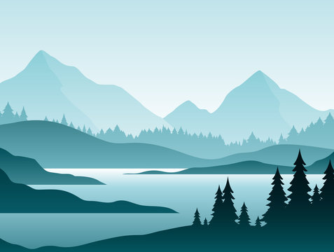 Forest foggy landscape flat vector illustration. Nature scenery with fir trees and hill peaks silhouettes on horizon. Mountain valley and river in early morning scene cartoon background.
