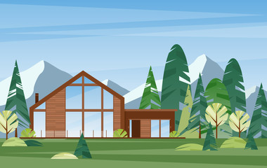 Modern village house flat vector illustration. Contemporary wooden building in coniferous forest. Countryside home exterior. Dwelling in woodland. Hut on nature. Villa in alpine mountains.
