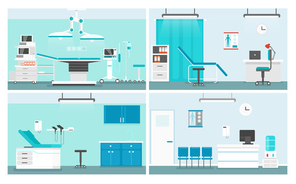 Hospital rooms flat vector illustrations set. Doctor office cartoon interior design pack. Medical center waiting room and corridor, patient ward collection. Operating theater equipment and bed.