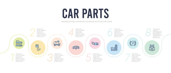 Fototapeta na wymiar car parts concept infographic design template. included car parcel shelf, car parking light, pedal, petrol cap, petrol gauge, petrol tank icons