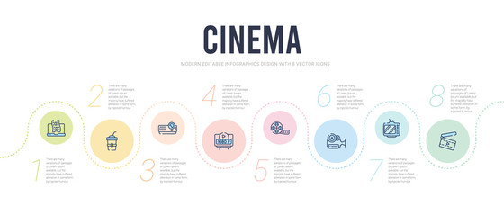 cinema concept infographic design template. included cinema clapperboard, television with antenna, movie camera, movie roll, 1080p hd tv, image projector icons