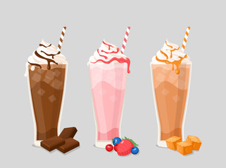 Milk cocktail flat vector illustrations set. Tasty drinks with whipped cream and ice cubes isolated pack on white. Sweet beverages with chocolate, strawberry and caramel flavors collection.