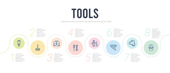 tools concept infographic design template. included open paint bucket, carpenter cutter, school ruler, working shovel, garage screwdriver, businessman portfolio icons