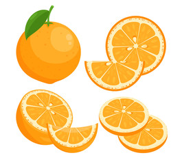 Oranges flat vector illustrations set. Juicy ripe citrus whole in peel with leaf isolated pack on white background. Summer natural fresh fruit slices with seeds design elements collection.