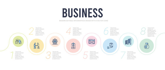 Fototapeta na wymiar business concept infographic design template. included money sack, corporation, mortgage loan, nepalese, journalist id card, big wheel icons