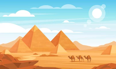 Cercles muraux Pool Pyramides en illustration vectorielle plane du désert. Fond de dessin animé panoramique paysage égyptien. Caravane de chameaux bédouins et monuments égyptiens. Paysages de la nature africaine. Animaux et dunes de sable.