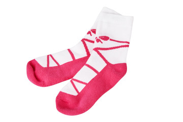 Pair of socks with pink bow pattern on the white background. Child's  socks