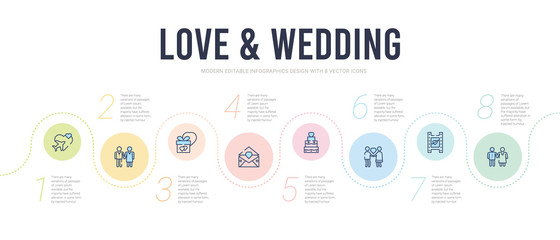 love & wedding concept infographic design template. included couple, 3d film, hug, wedding cake, wedding invitation, present icons