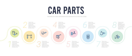 car parts concept infographic design template. included car starter, car sump, sunroof or sunshine roof, suspension, tailgate, tailpipe icons