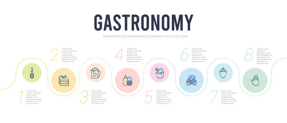 gastronomy concept infographic design template. included teapot, nut, gooseberry, nachos, butternut squash, beer can icons