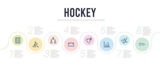 hockey concept infographic design template. included puck, hockey, graph bar, emblem, medical kit, playoff icons