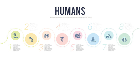 humans concept infographic design template. included miner, vacuum cleaning, mountain climb, pay in restaurant, man dancing, give over icons