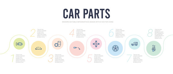 car parts concept infographic design template. included car transmission, car trim, tyre, universal joint, wheel brace, wheel nut icons