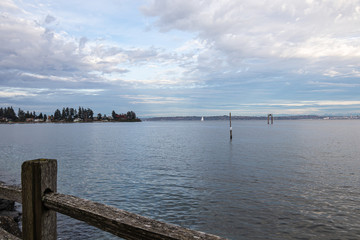 shoreline on bainbridge island with glow from the setting sun
