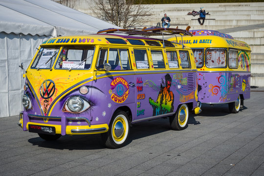 STUTTGART, GERMANY - MARCH 18, 2016: Van T1 Deluxe (Samba Bus) with a trailer, 1966. Europe's greatest classic car exhibition "RETRO CLASSICS"