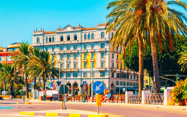Cagliari road and Street with road and typical architecture of old center of Cagliari Italian city,...