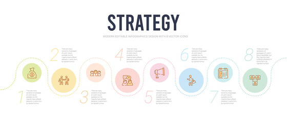 strategy concept infographic design template. included connection, calendar, businessman, speaker, discussion, teamwork icons