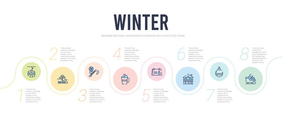 winter concept infographic design template. included sled, bauble, chalet, christmas day, hot drink, candy icons
