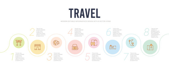 Fototapeta na wymiar travel concept infographic design template. included unfolded map with location mark, basic moon, road map and pin, suitcases, baby bag, time zone icons