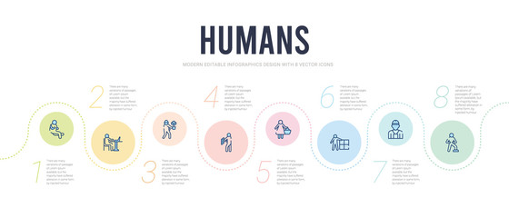 humans concept infographic design template. included proud pose, construction worker, storekeeper, housewife shopping, worker with notepad, gardener with hat icons