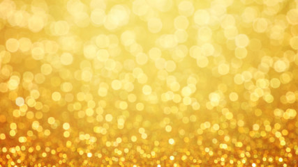 Golden glittering background. Sparkle glitter texture with the bokeh and the lights, shiny metal gold foil