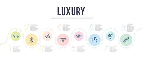 luxury concept infographic design template. included cigar, fragance, suit, king, handbag, bowler hat icons